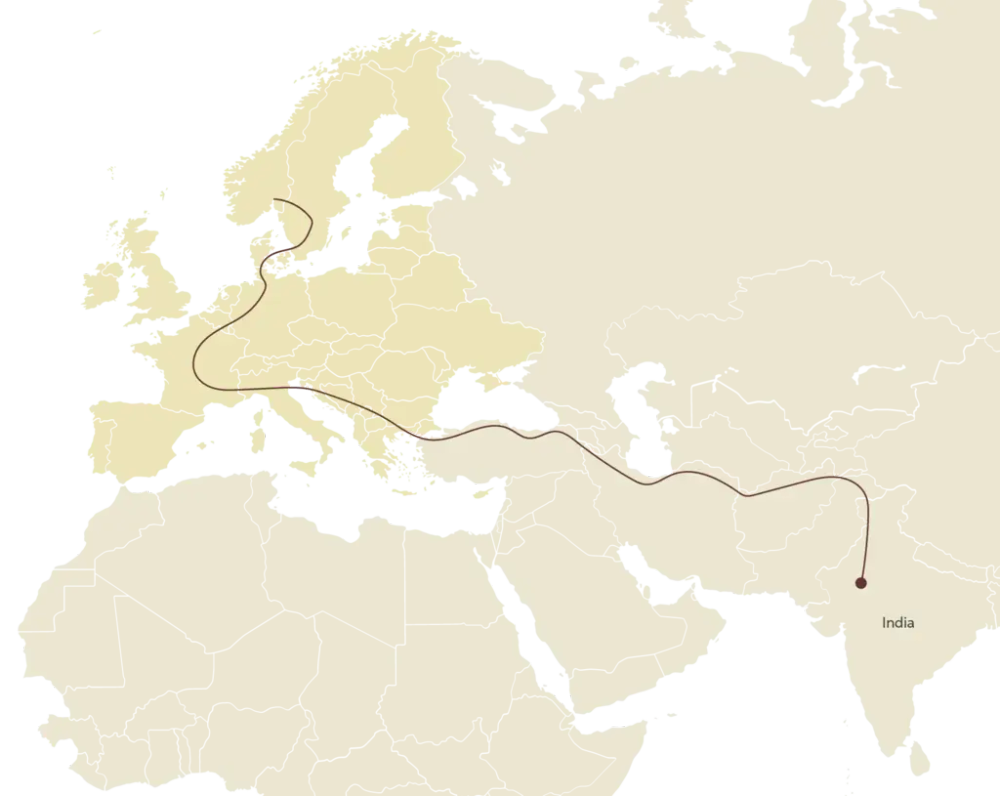 Map of Europe, North Africa and large parts of Asia. A red line has been drawn on the map which shows the language's approximate migration route from Northern India to the Balkans.