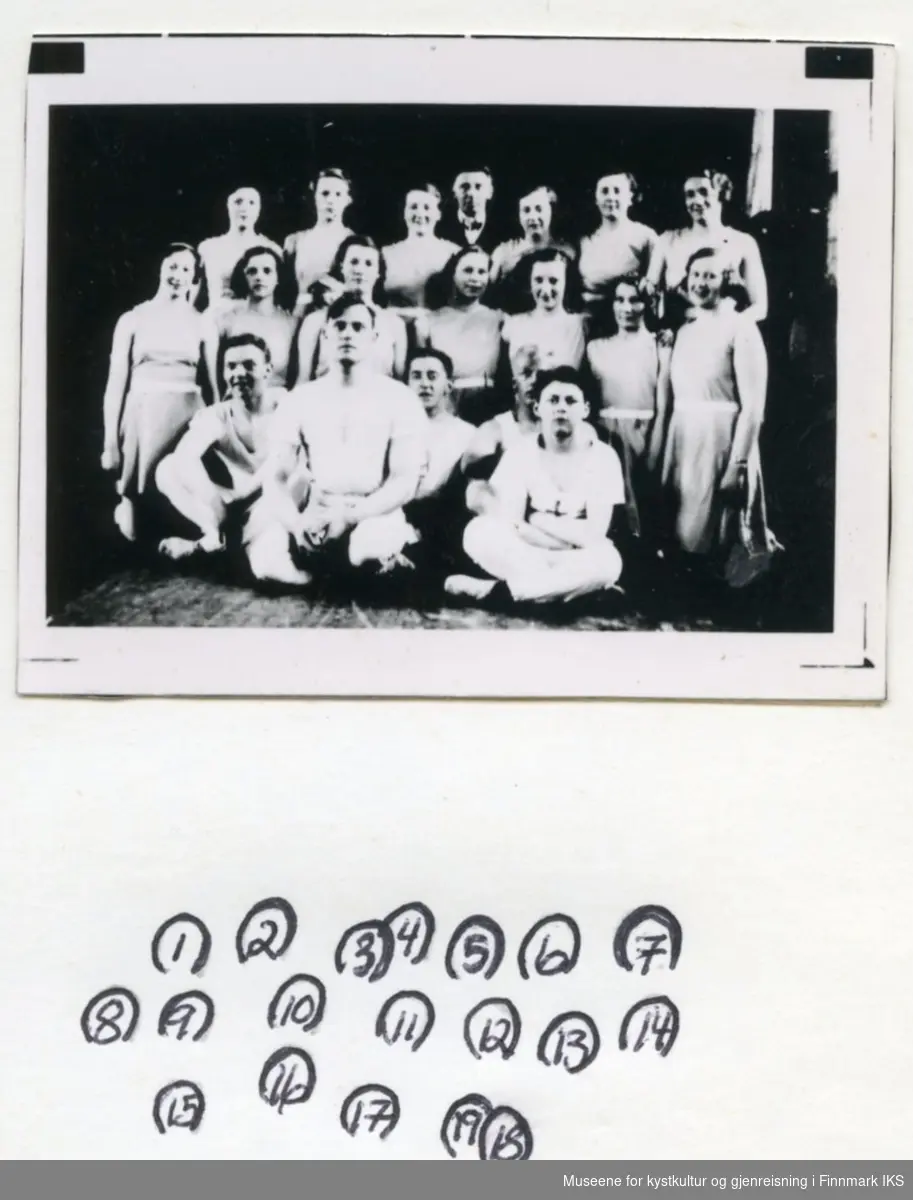 Gruppebilde av mannlige og kvinnelige turnere. Antatt 1930-tallet.