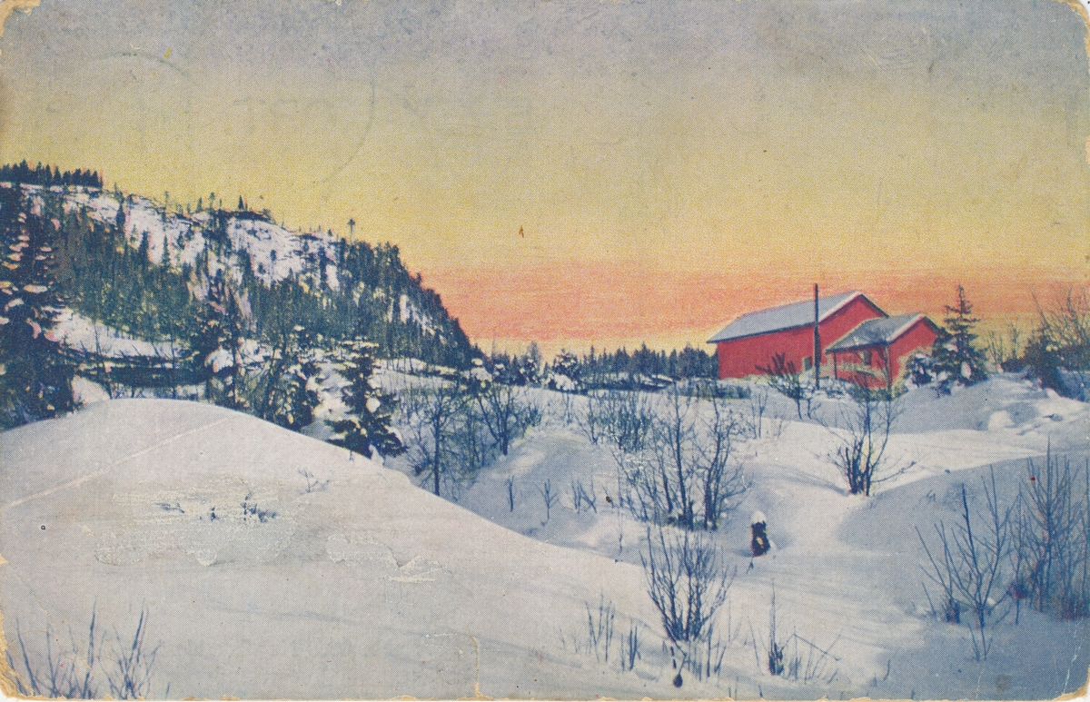 Postkortmotiv av ei bygning i snødekt landskap.