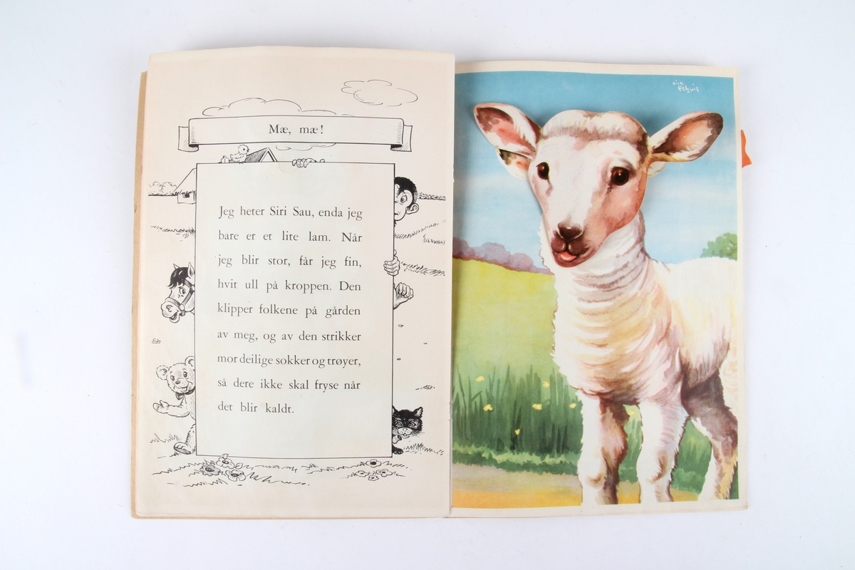Illustrert barnebok med dyr som har bevegelige hoder.