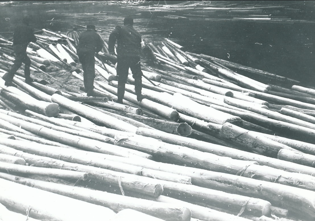 3 tømmerfløtere med tømmerhaker arbeider med sammenfiltret tømmer i elv.