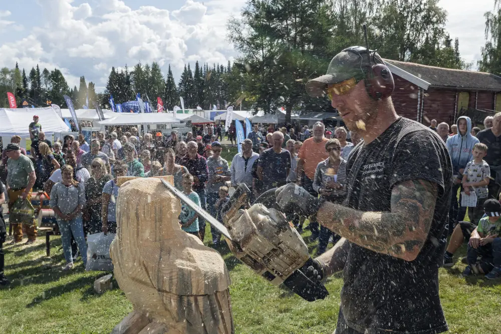 En mann skjærer tre skulptur ved bruk av en motorsag.