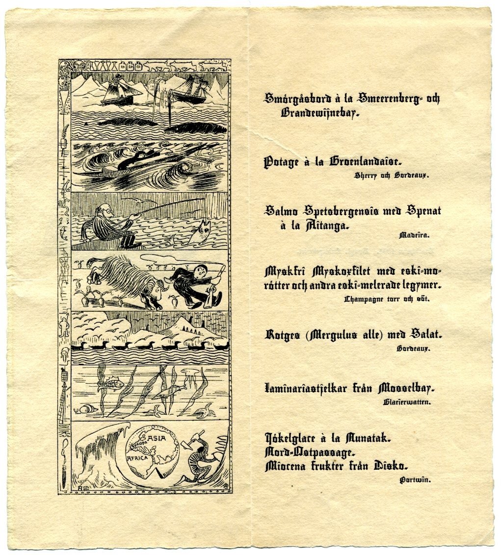 Humoristisk meny med referenser till polarvärlden med illustrationer av Albert Engström. Avsedd för "Ishafsfararnes fest på Hasselbacken" den 1 maj 1894.