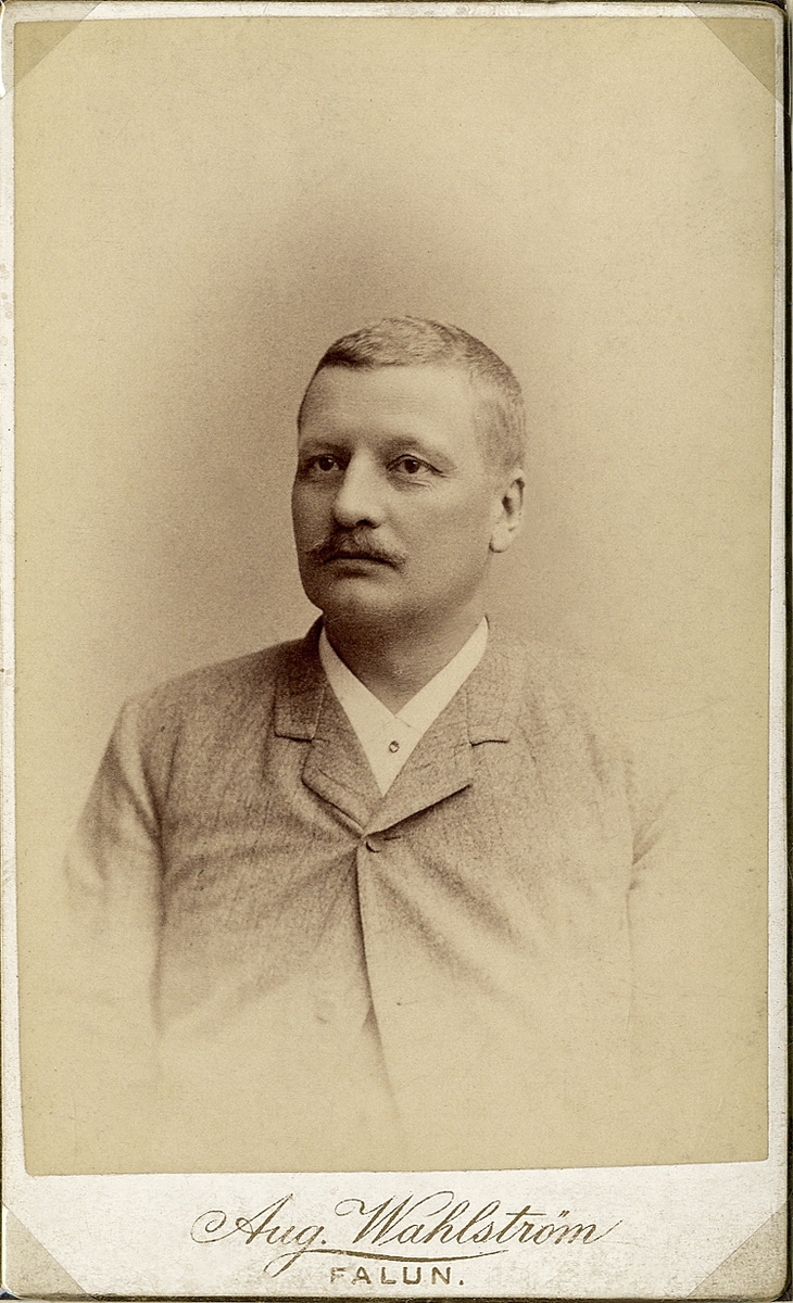 Porträttfoto av en man i ljus kavajkostym med ljus slips. 
Bröstbild, halvprofil. Ateljéfoto.
