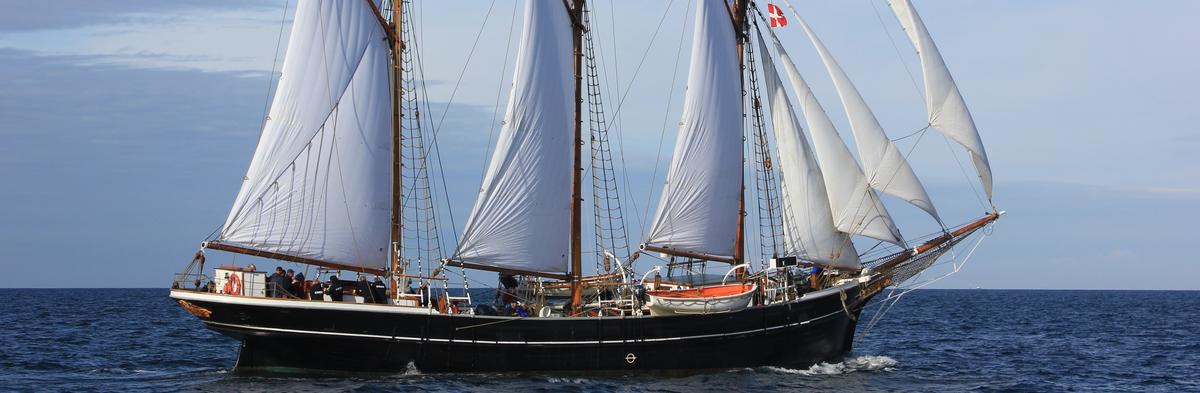 Sort seilbåt med tre master og fulle seil, mot blått hav og blå himmel. (Foto/Photo)