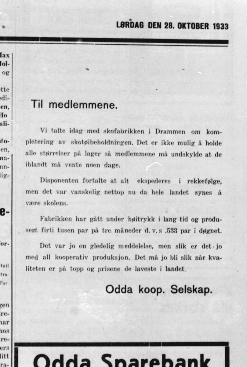 Annonse frå avis lørdag den 28. oktober 1933 Odda koop. Selskap