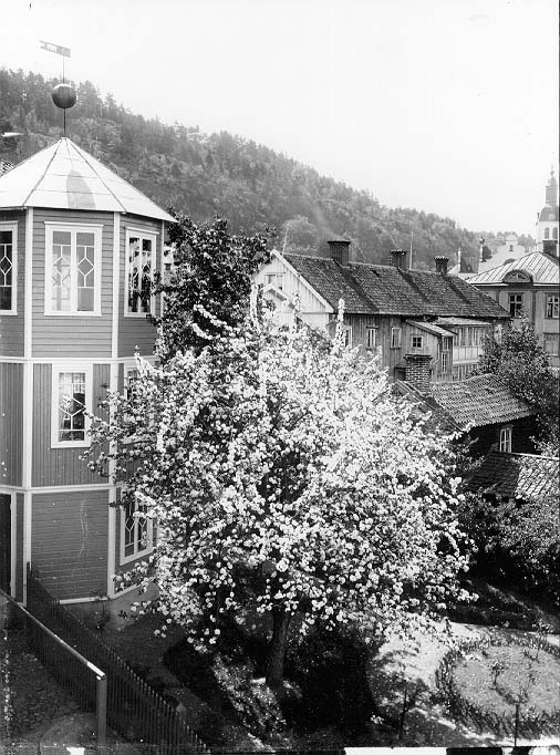 Trapphuset på baksidan av Brahegatan 39. Bakom ett blommande träd syns också baksidan av så kallade Andréegården, Brahegatan 37.