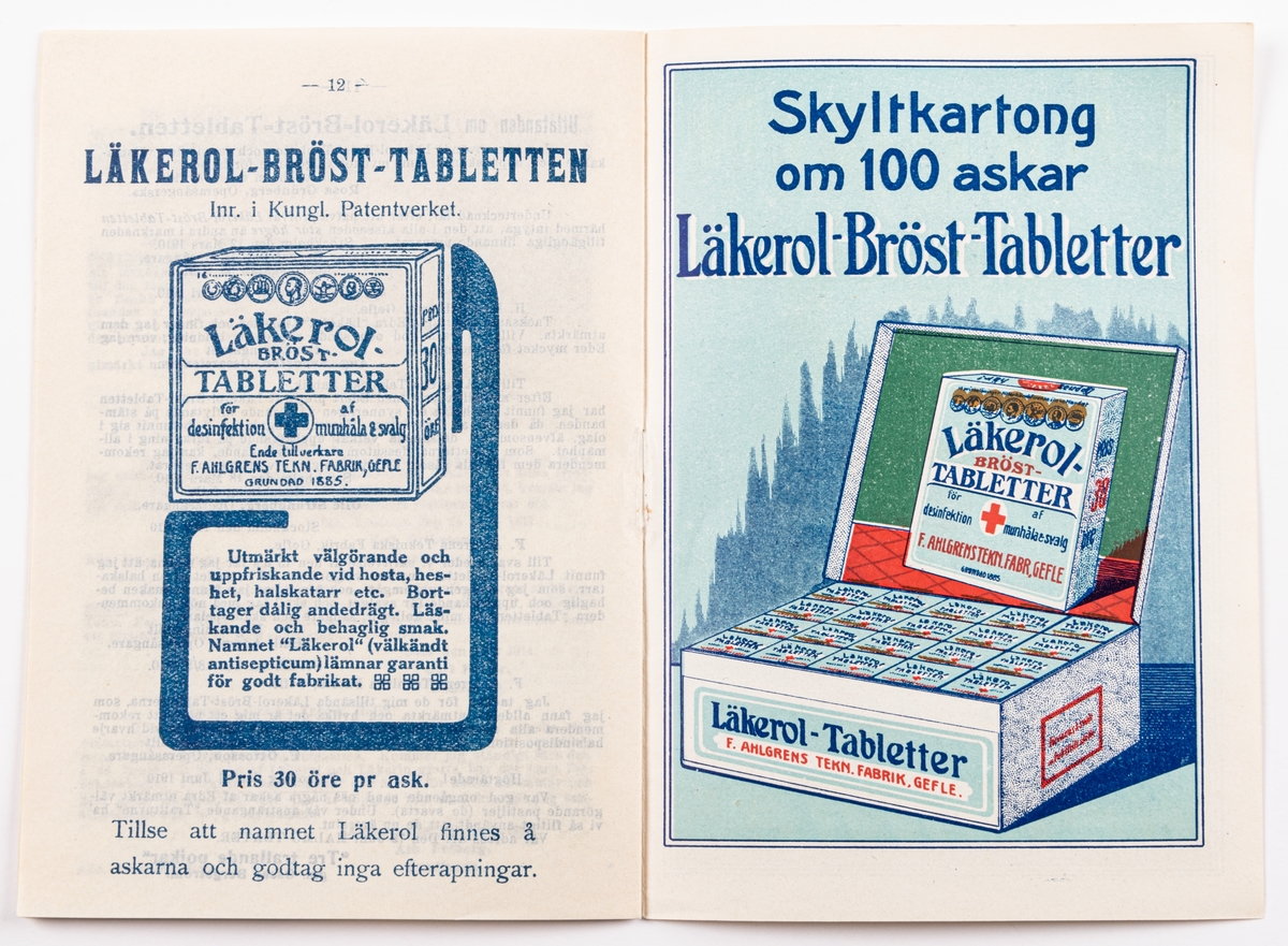 Tryckt bruksanvisning från 1909 för Läkerols flytande antiseptiska medel och Läkerins hud- och sårmedel.