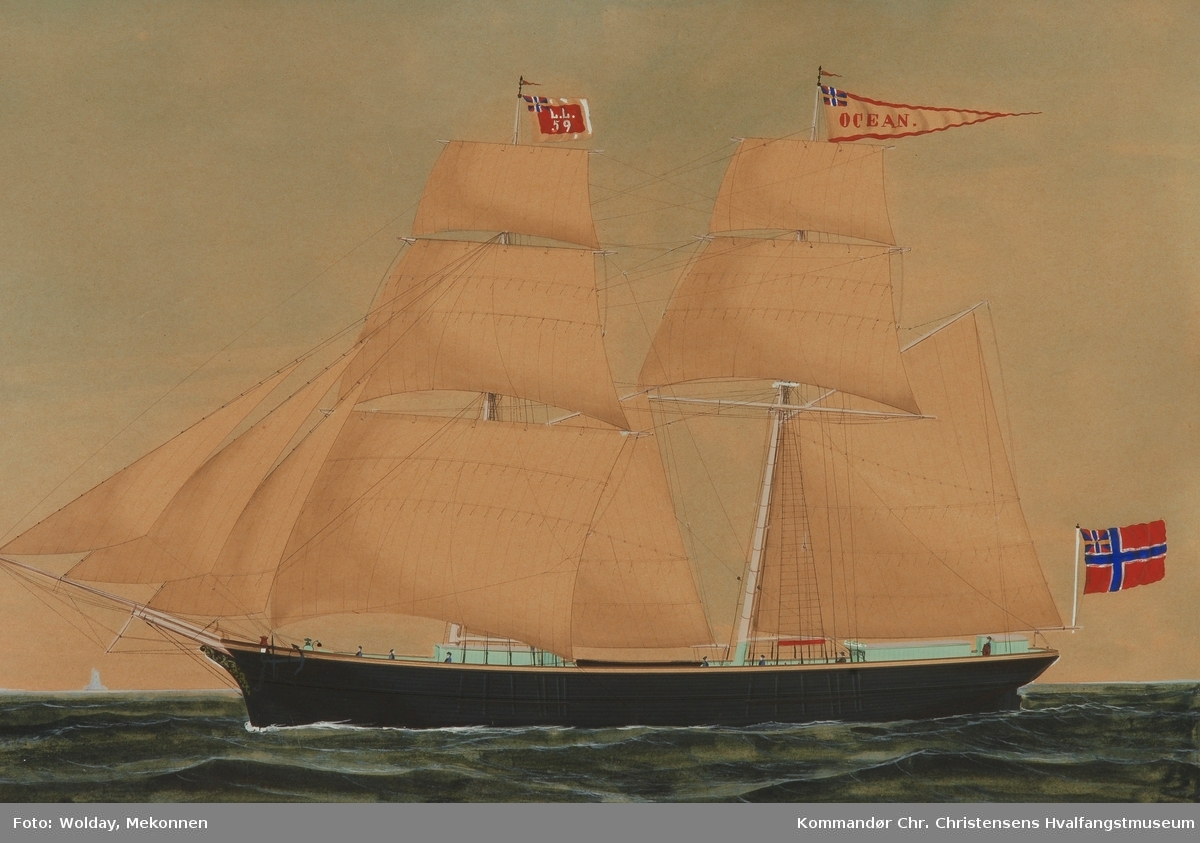 Brigg OCEAN af Sandefjord, ført av Capt. A.C. Hansen
I flagg fokkemasten L.L. 59