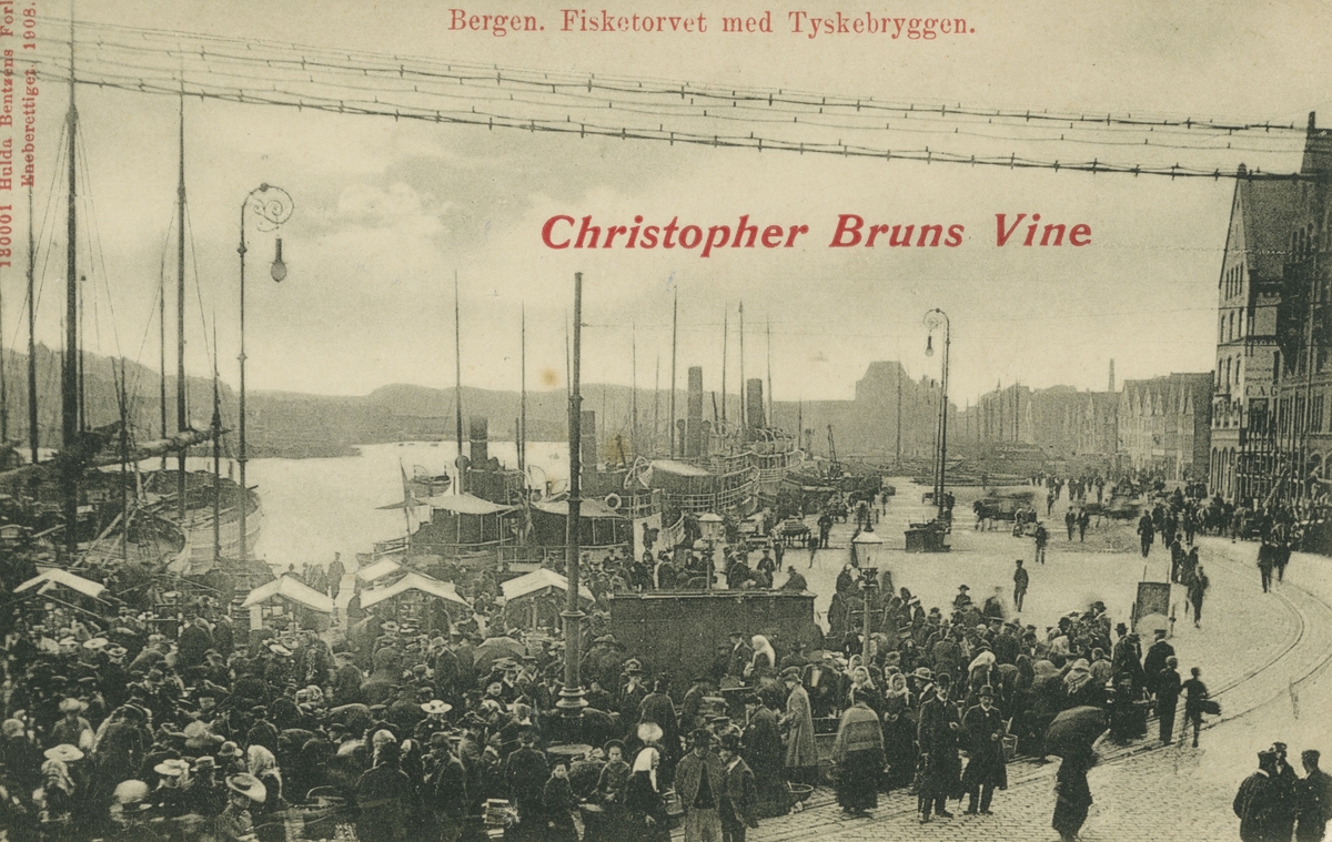 Bergen. Torget. Utgiver: Hulda Bentzens Forlag, 1908.