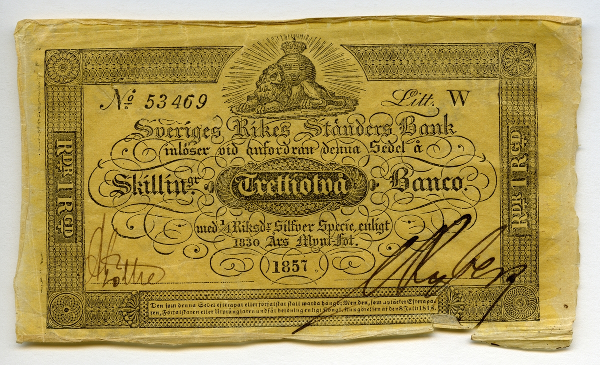 32 Skillingar banco 1857 Oscar I.

Sedeln har nummer 53469 Litt: W.