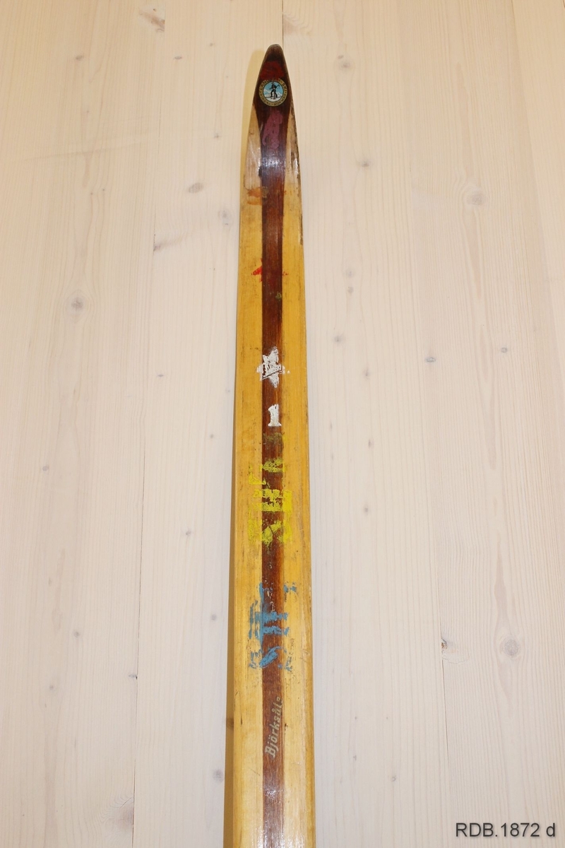 Avsmalende jevnbred ski med liten bue. Bøy uten tupp. Tilspisset brettende.
Dekorert med ei brun stripe på trehvit bunn.

Stempel fra 1960-sesongen på skiet.