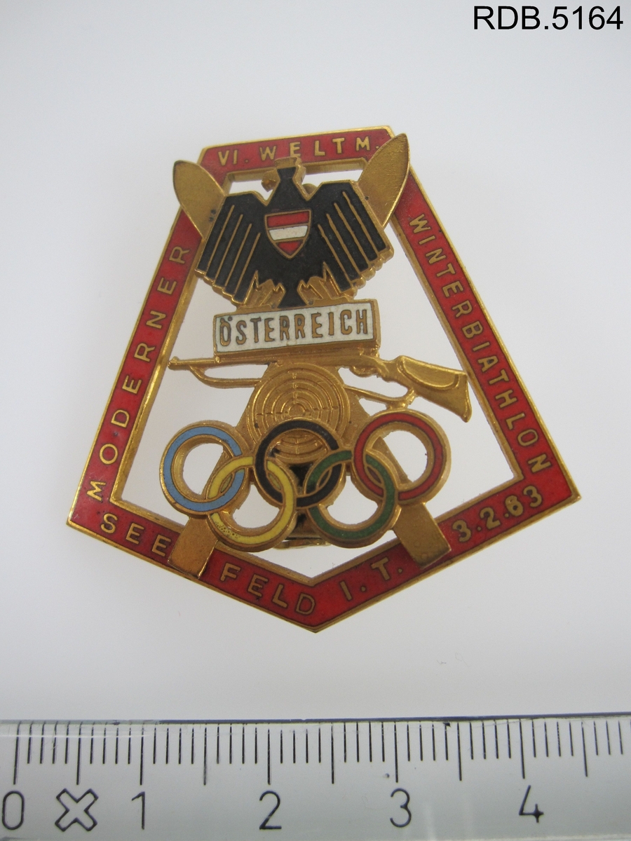Femkantet pins med ei nål på baksiden.
Dekorert med OL-ringene, et gevær og en blink, et skipar og Østerrikes riksvåpen. Innskrift langs kanten.