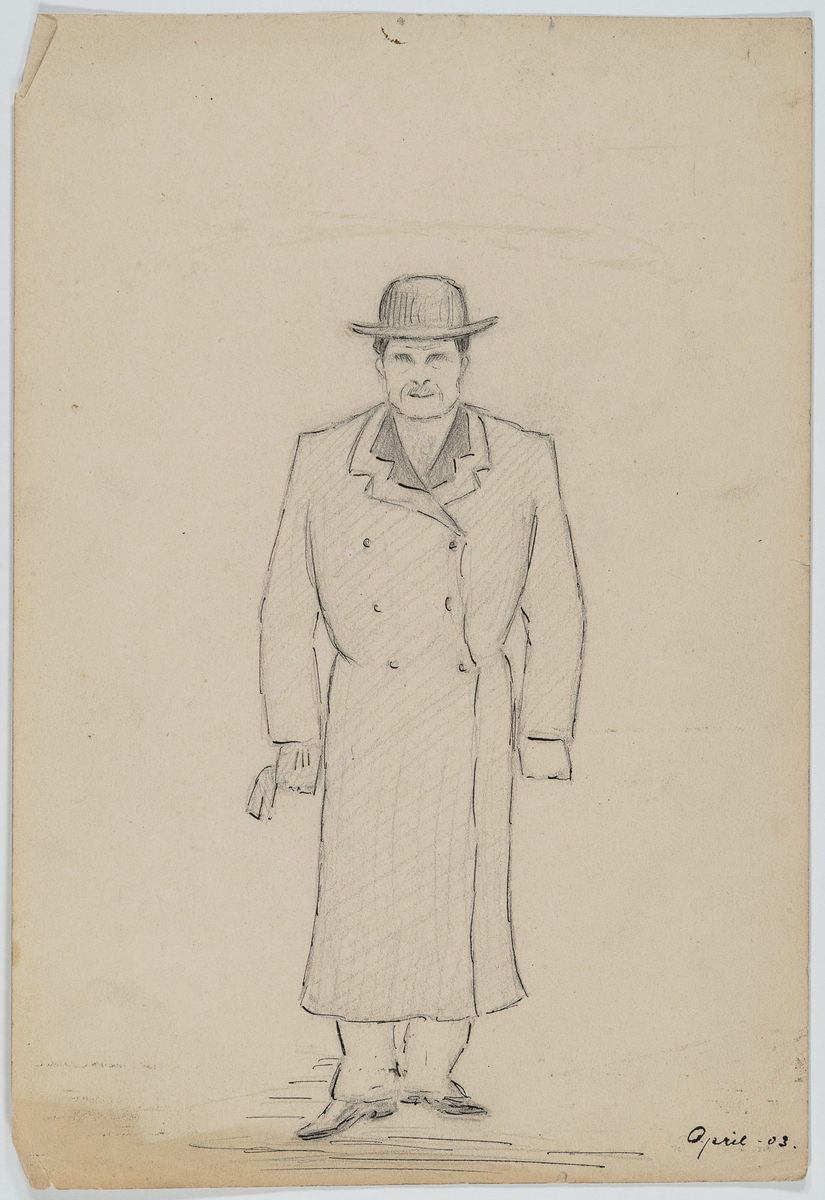 Penne- og blyanttegning av mann i frakk og hatt. Svak blyantskisse av kvinneskikkelse i profil på baksiden.