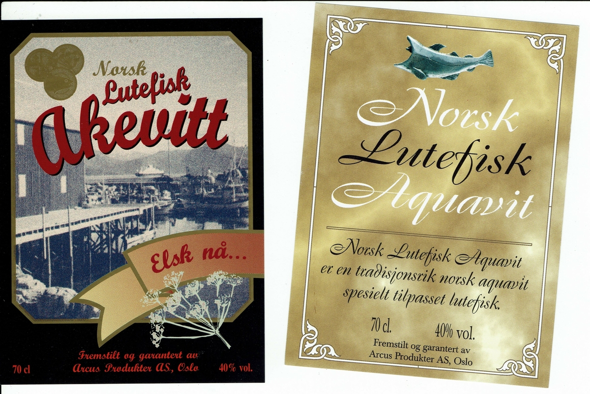 Norsk Lutefisk Aquavit. Fremstilt og garantert av Arcus Produkter AS. 40 vol %. To varianter av etiketten. 