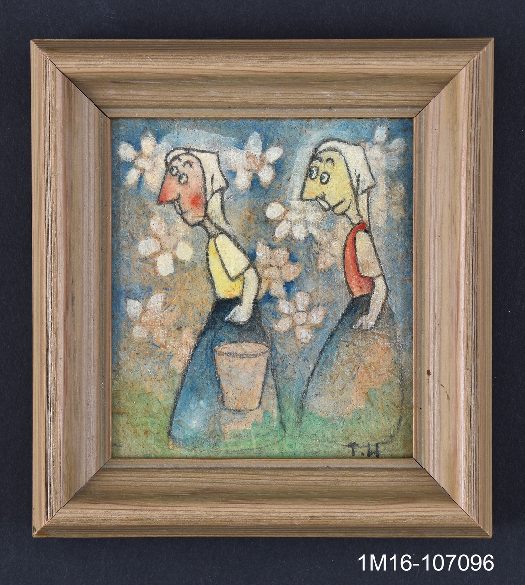 Två kvinnor bär på hinkar. I bakgrunden vita blommor. Tavlan målad på en träfiberskiva.