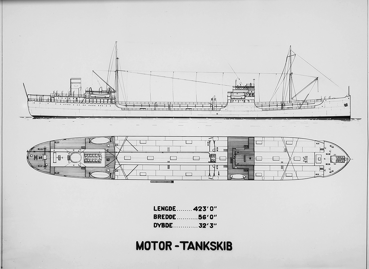 Tegning av et motor tankskip ved Akers mekaniske Verksted. Oslo.