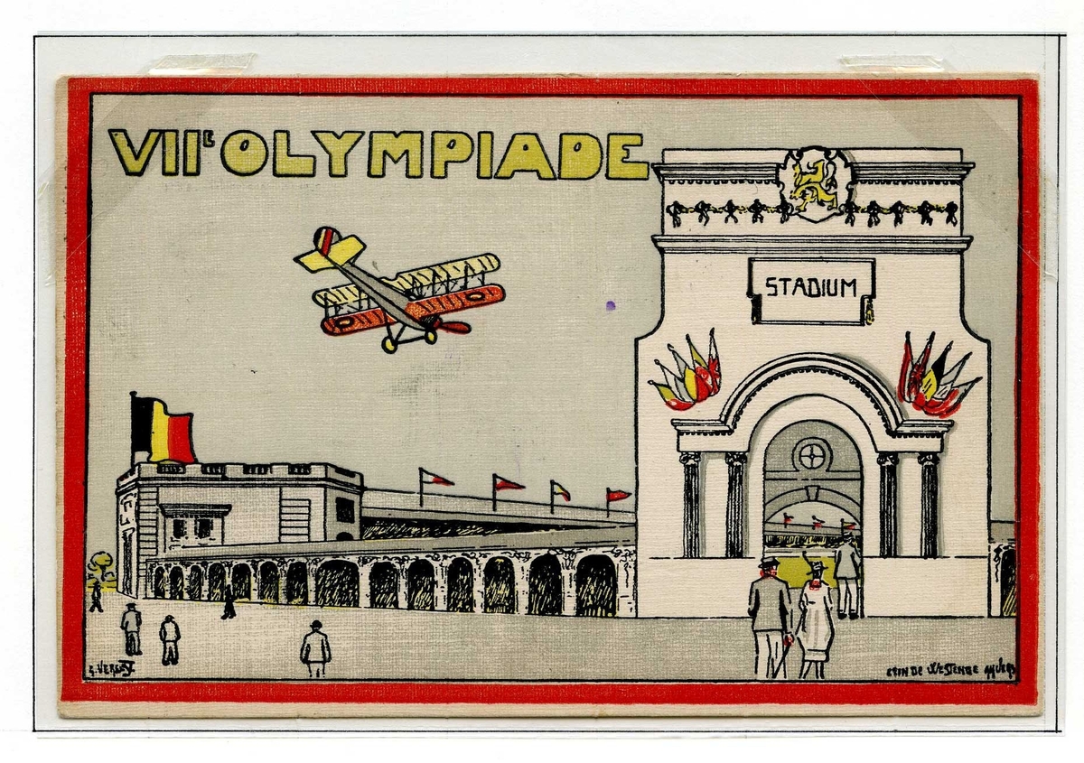 Et postkort monter på albumside. Nederst på siden er det montert en kopi av baksiden av postkortet. Postkortet viser en tegning av et propellfly på veg inn over Olympiastadion i Antwerpen. Frimerke med bilde av Albert 1. av Belgia.