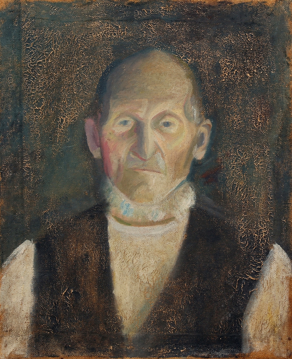 Portrett av Ole Amunds i Leiret (Elverum). Brystbilde en face, hvitt skjegg, lite hår, kledd i hvit skjorte og svart vest.  