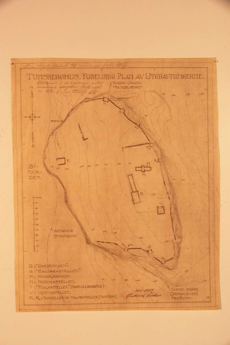 Kart over Tunsberghus med foreløbig plan over utgravningene i 1927.