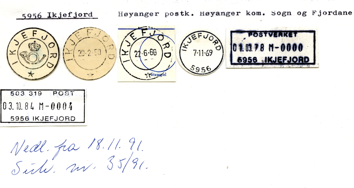 Stempelkatalog.5956 Ikjefjord. Høyanger postkontor. Høyanger kommune. Sogn og Fjordane fylke.