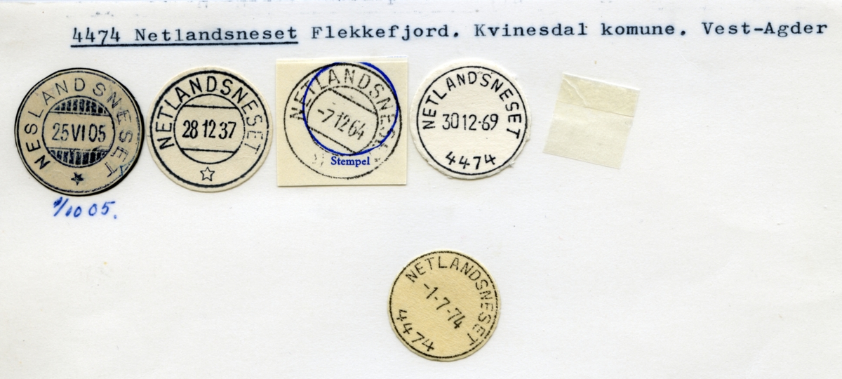 Stempelkatalog. 4474 Netlandsneset. Flekkefjord postkontor. Kvinesdal kommune. Vest-Agder fylke.