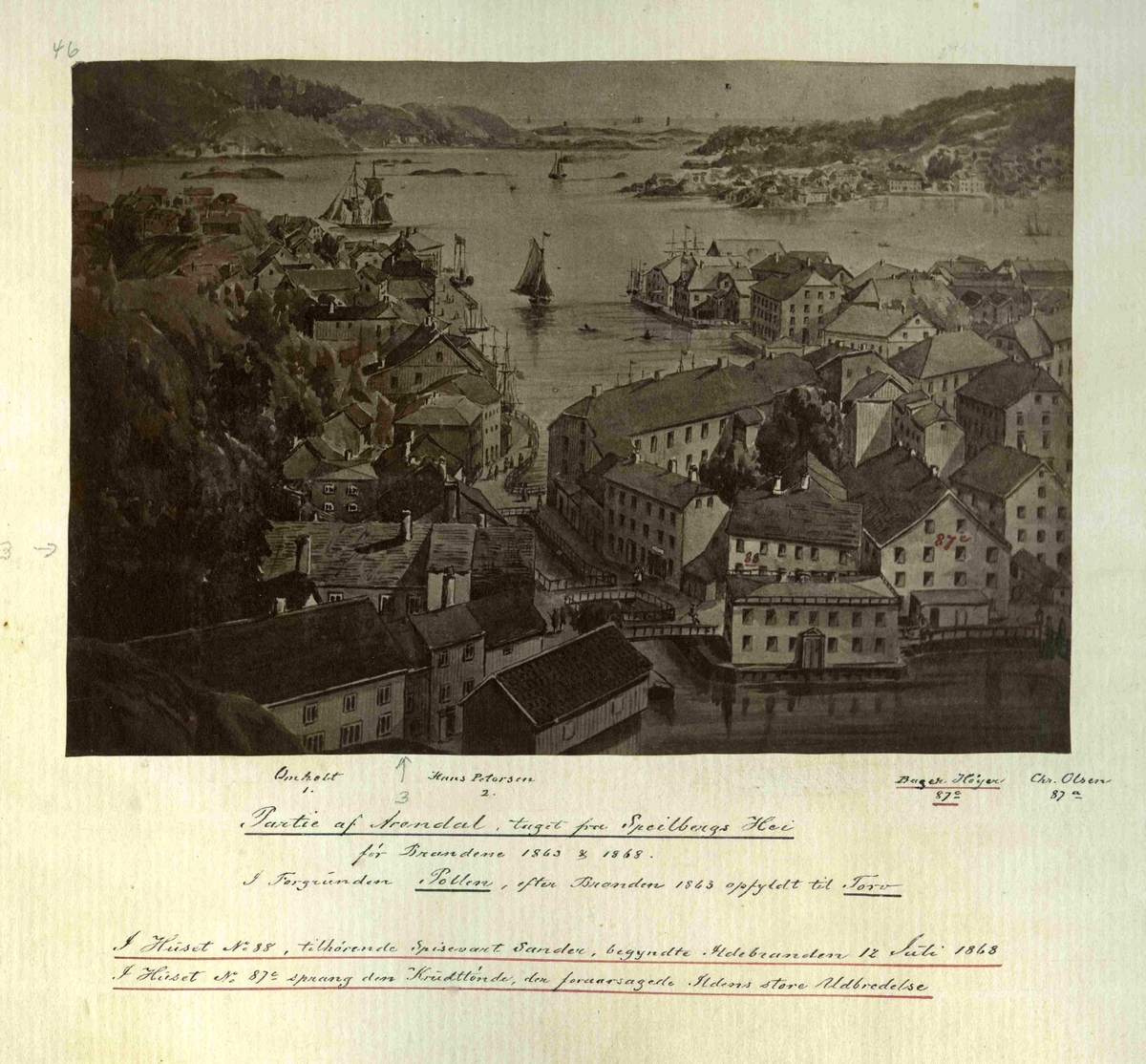 Parti av Arendal sett fra "Speilbergs hei" før brannen i 1863 
