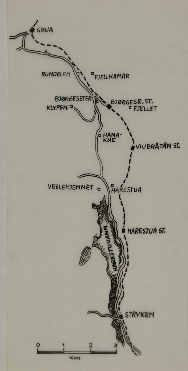 Kart over området Grua - Harestua - Stryken. Kampene i Norge 1940