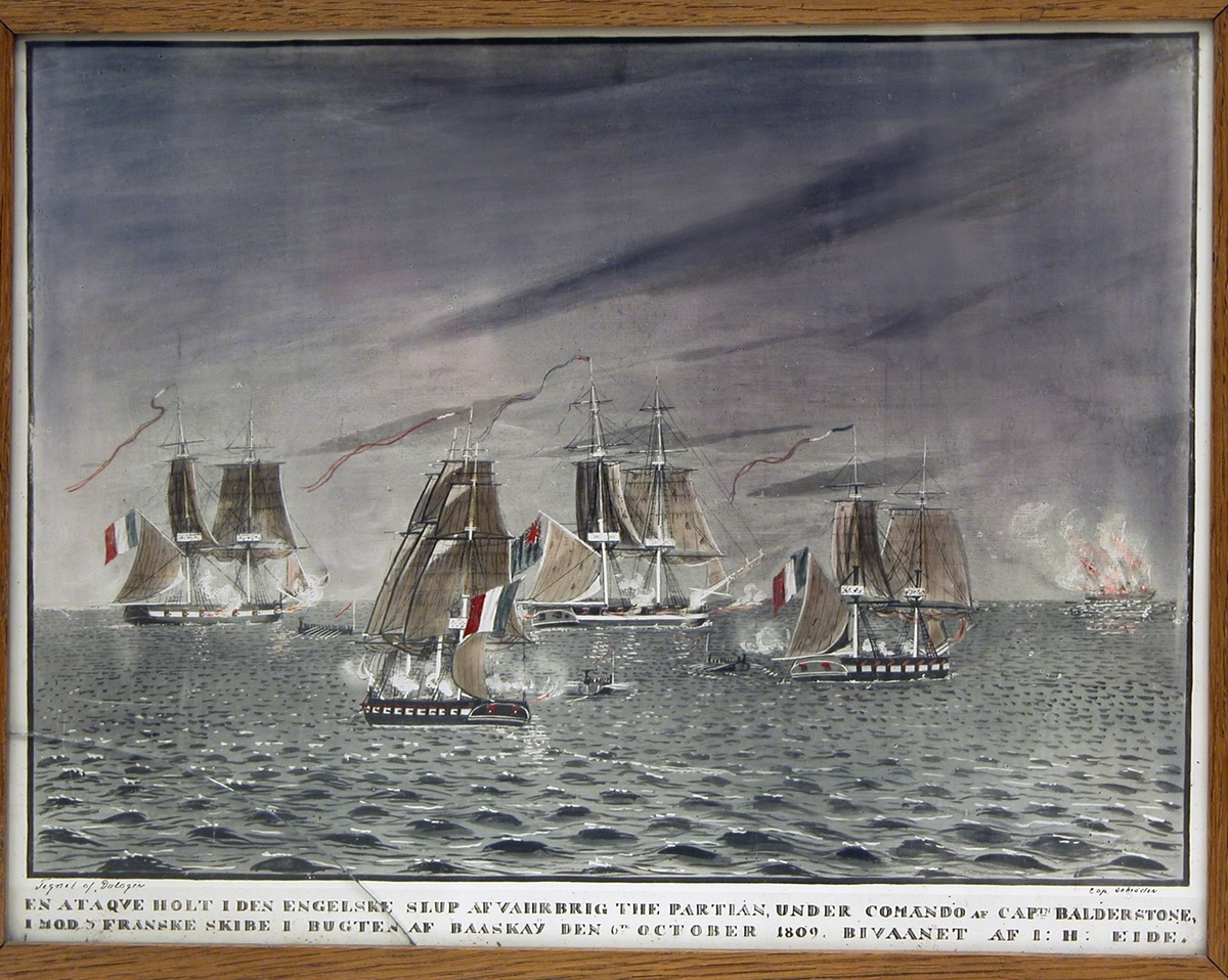 Et sjøslag mellom franske og engelske seilskip i Biscayabukta i 1809.