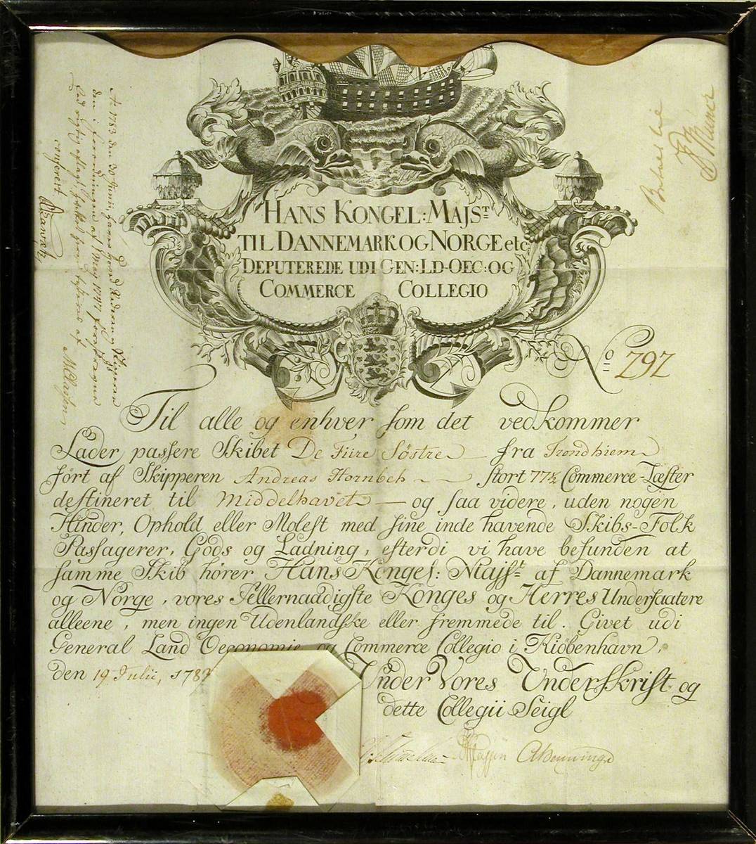 Handels-reisebrev utstedt av den dansk-norske kongen 1783 til trondheimsskipet "De fire søstre" under kaptein Hornbek.
