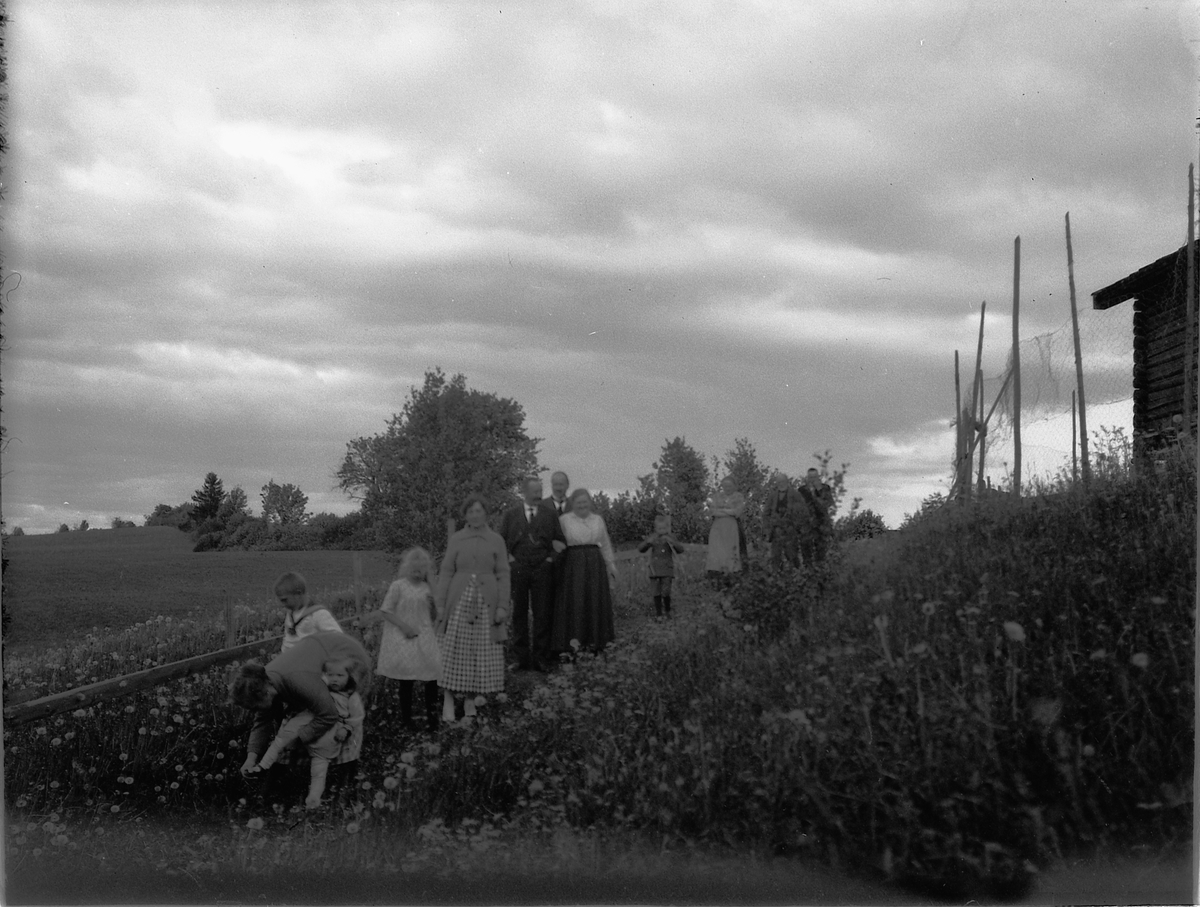 Gruppe kvinner, menn og barn i ei blomstereng på Nyborg under Børstad i Hamar. 