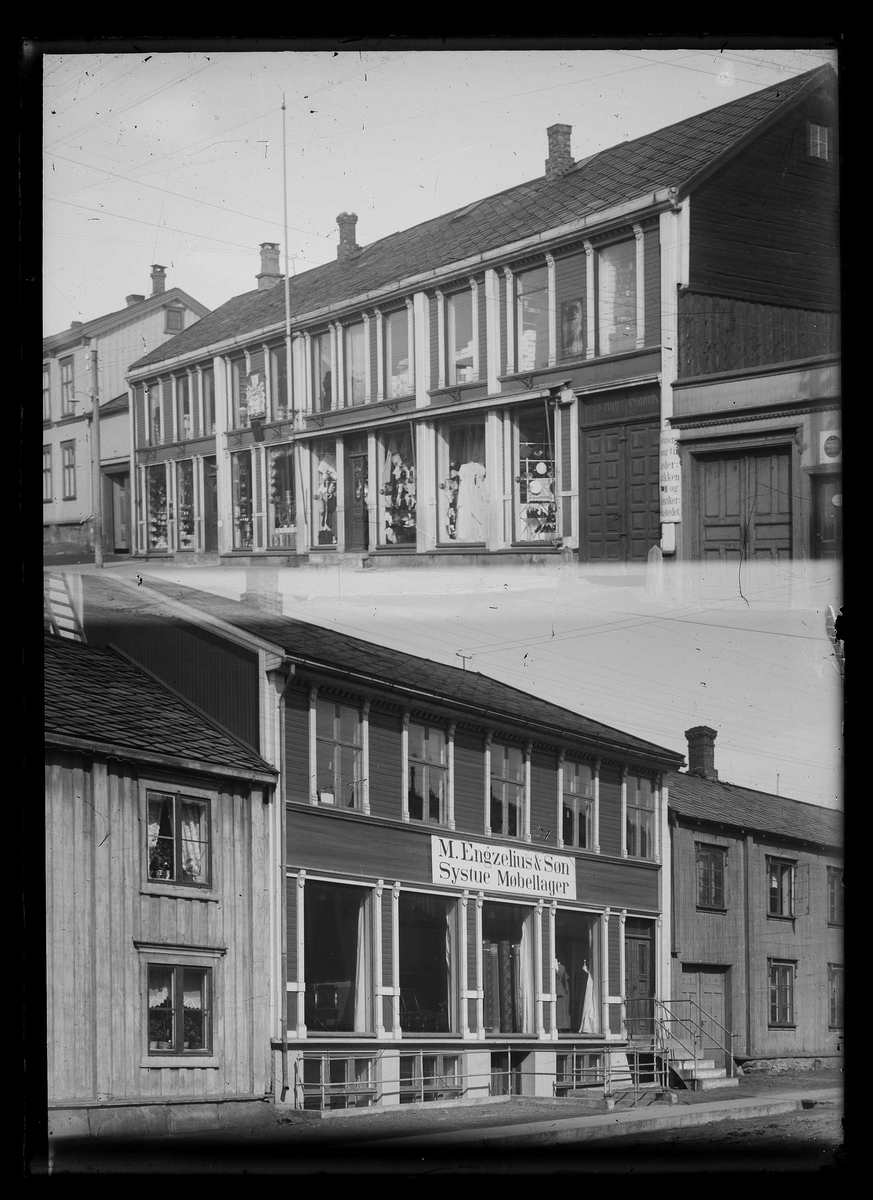 M. Engzelius og sønn's butikklokaler, Leighgården og systua, i Bergmannsgata på Røros