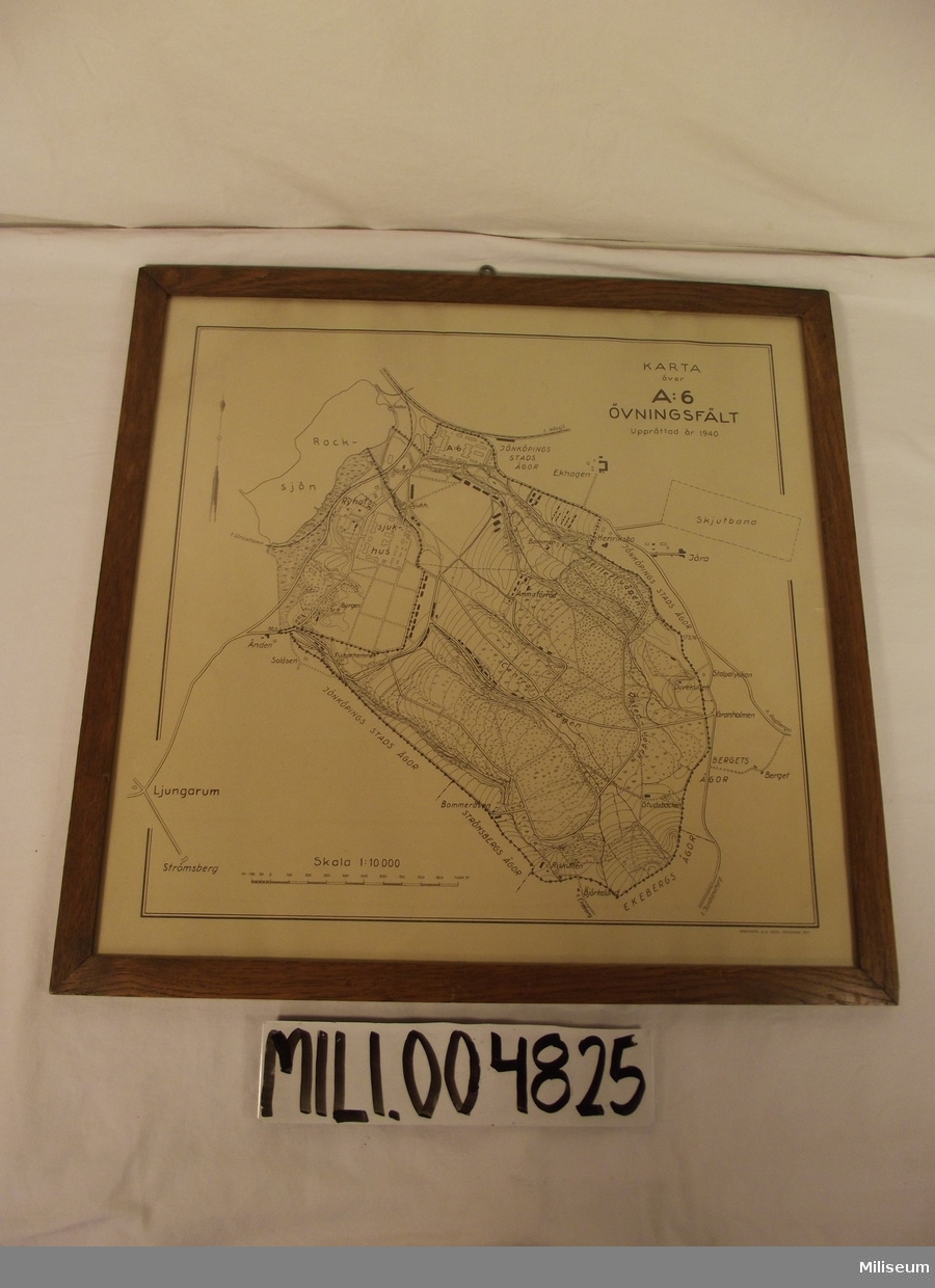 Karta: A 6 övningsfält 1940. Inramad.
Karta över A 6 Övningsområde upprättad 1940. Skala 1:10000.