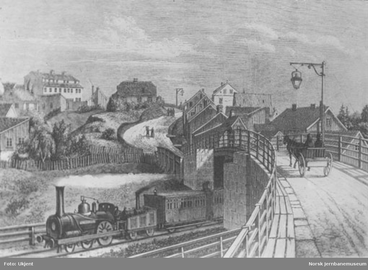 Tegning av jernbanetog ved Galgeberg