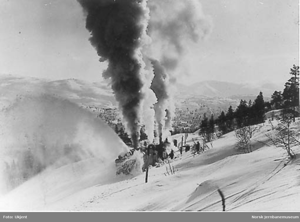 En roterende snøplog skjøvet av tre damplokomotiver i arbeid - like øst for Helle tunnel