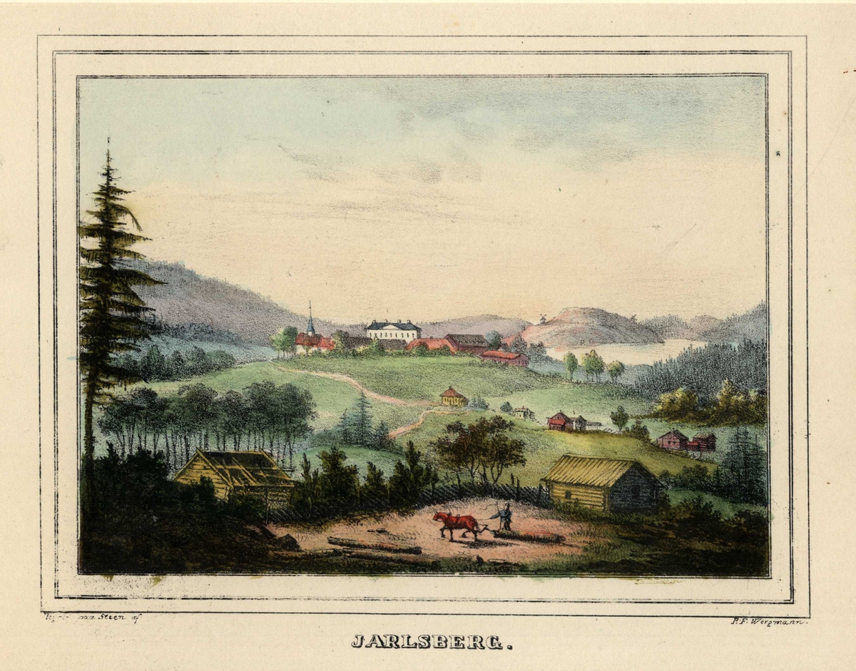 Landskap med Jarlsberg hovedgård, bygninger og pløying