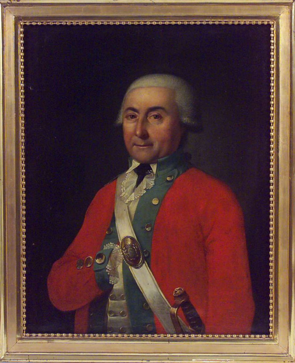 Portrett av ukjent offiser. Ant. malt av Christian August Lorentzen f. 1749 i Danmark. I Norge i 1790. Epåletter ble avskaffet i 1782 og gjeninnført i 1801. Det hvite skulderhenget var i bruk i 1782, men ble byttet med livgeheng i 1790.