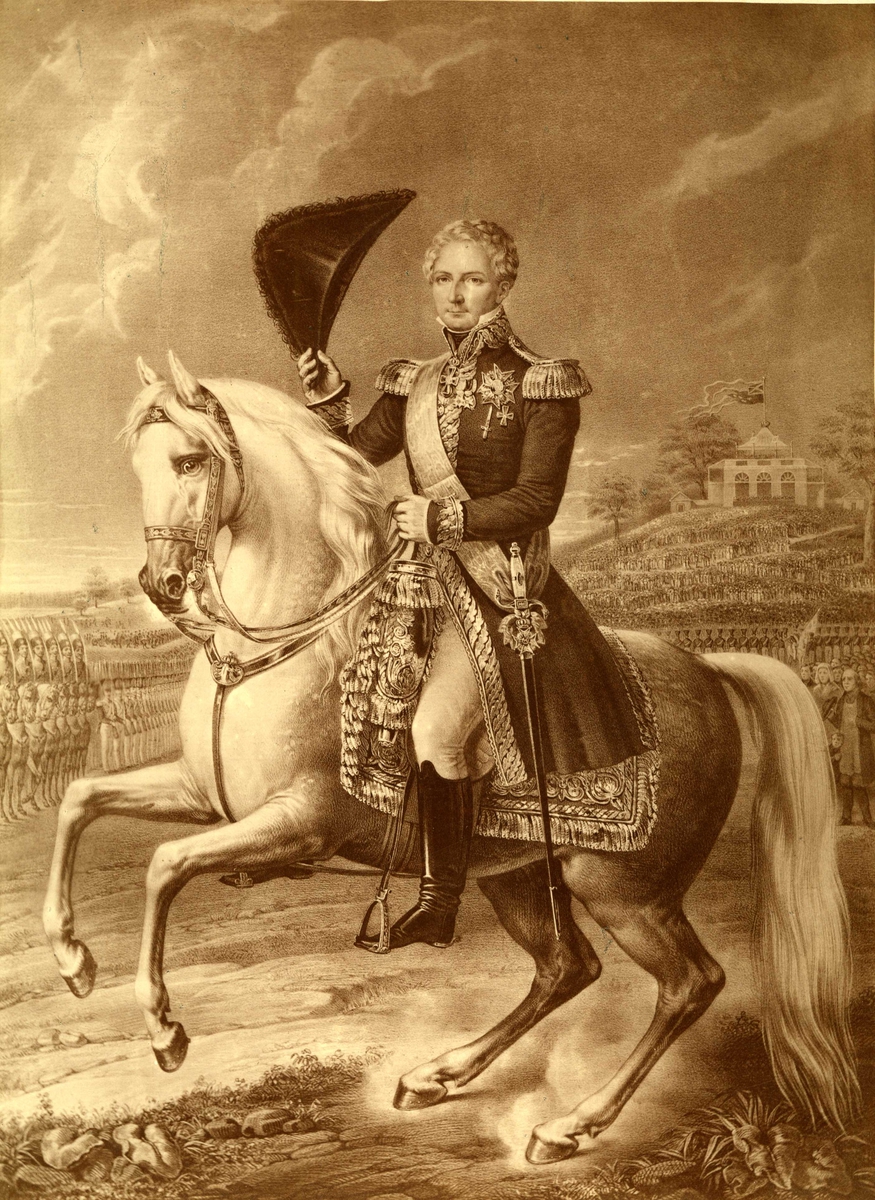 Karl XIV Johan (1763-1844) til hest, oppmarsjerte tropper i bakgrunnen.