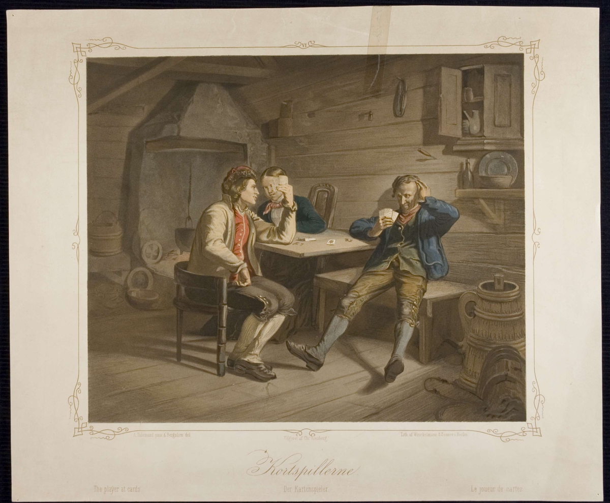 Etter maleri av A. Tidemand. "Kortspillerne." Tre menn spiller kort i interiør.