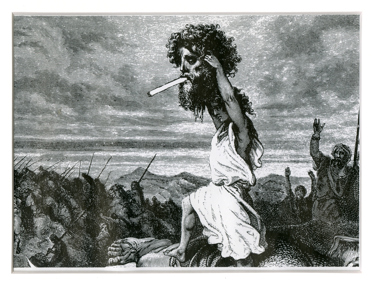 Tegning etter Paul Gustave Dores bibelillustrasjon av David og Goliat.
David har revet hodet av Goliat. I Goliats munn en sigarett.