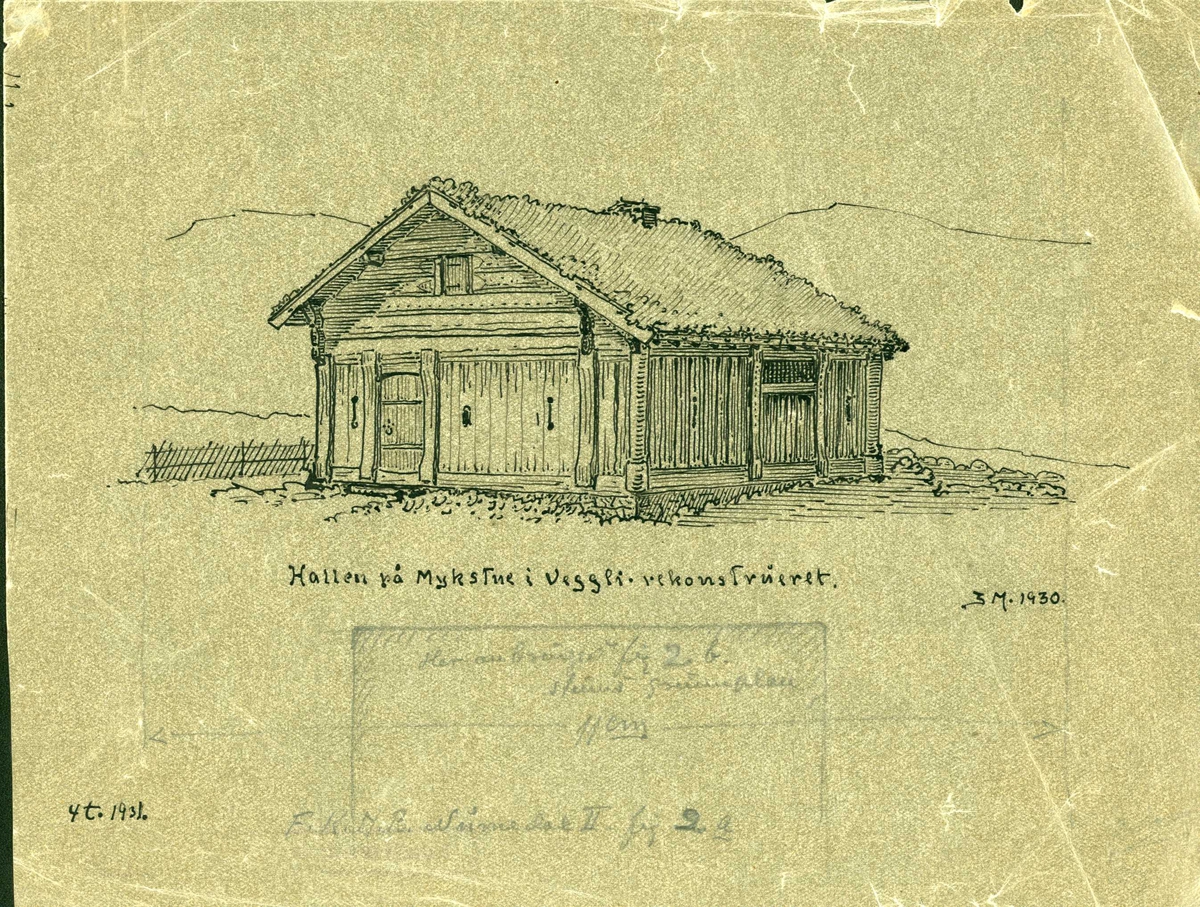 Johan J. Meyers rekonstruksjon (1930) av hallen på Mykstu, Veggli, Rollag, Buskerud.