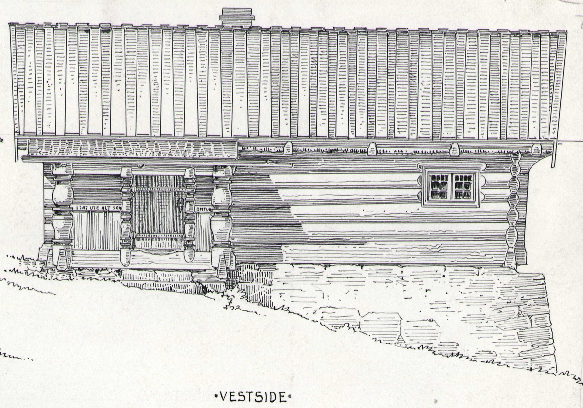 Johan J. Meyers tegning (1909) av stuebygning fra 1790 med langsnitt, tverrsnitt og grunnplan, Øverbø, Hjartdal, Telemark.
