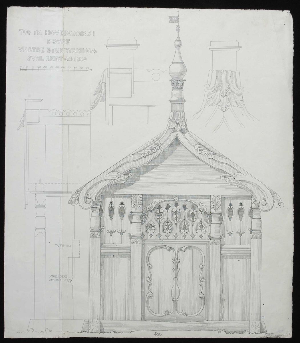 Johan J. Meyers tegning (1911) av vestre stuebygnings sval, reist ca. 1800, Tofte, Dovre, Oppland.