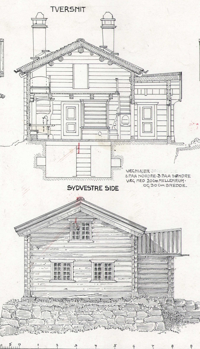 Johan J. Meyers tegning (1912) av stuebygning, Mårdalen, Tinn, Telemark. Oppsatt av T.J. Lofthus` modell i 1856-57.