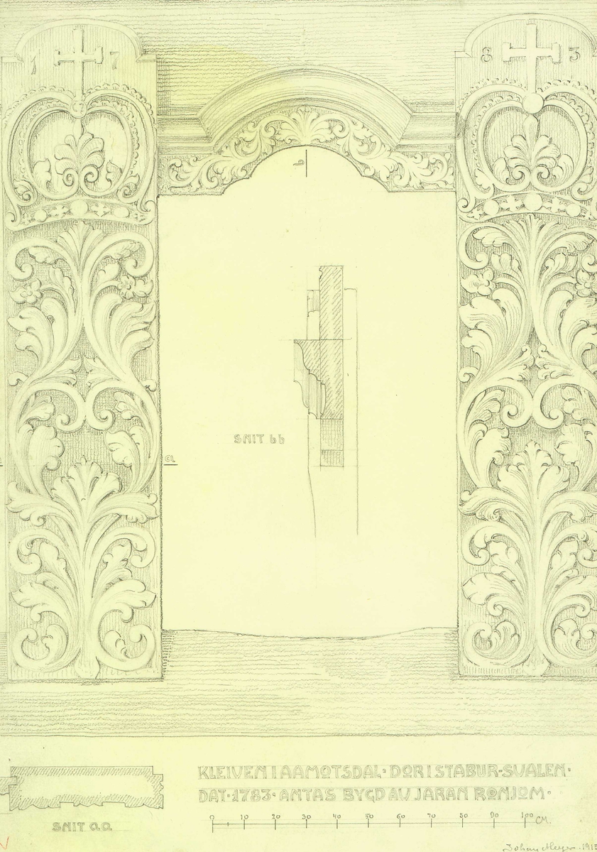 Johan J. Meyers tegning (1913) av døråpning i stabbursval, dat. 1783, Kleivan,  Åmotsdal, Seljord, Telemark. Ant. utført av Jaran Rønjom.