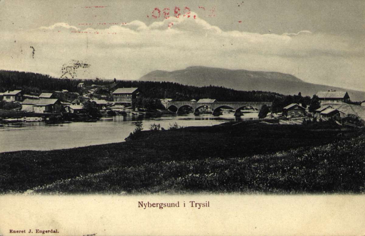 Postkort. Broen ved Nybergsund i Trysil. Stemplet 23.05.1907.