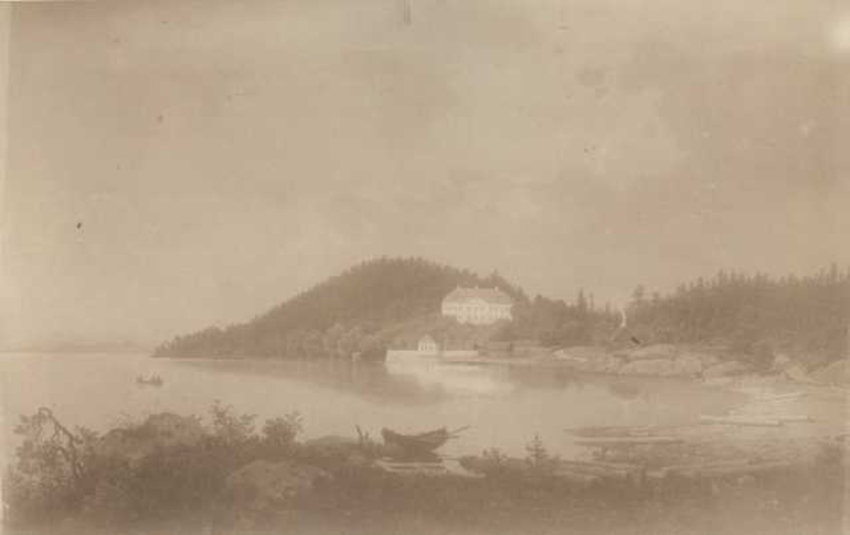 Stubljan, Oslo. Avfotografert maleri av huset og Hvervenbukta. Den kulturhistoriske Utstlling i Kristiania 1901.