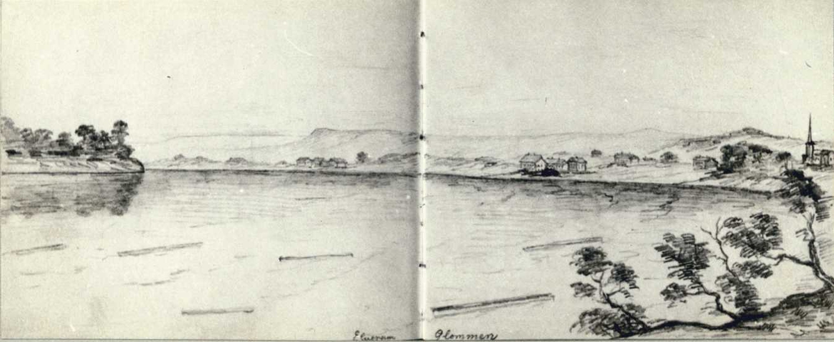 Elverum, Sør-Østerdal, Hedmark. Fotografi av tegning med motiv av landskap med hus og kirke samt Glomma. Dr. A. Arbo's  skisserbøker 1885.