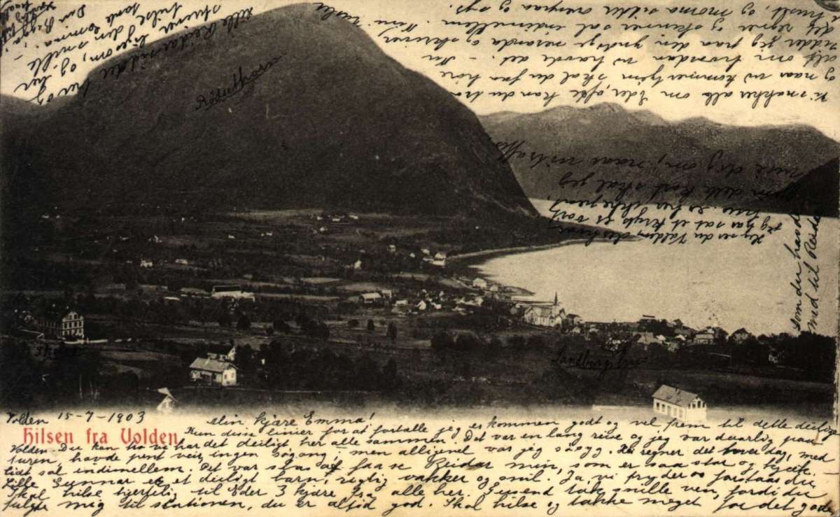 Postkort. Oversiktsbilde over Volden. Datert 15.07.1903.