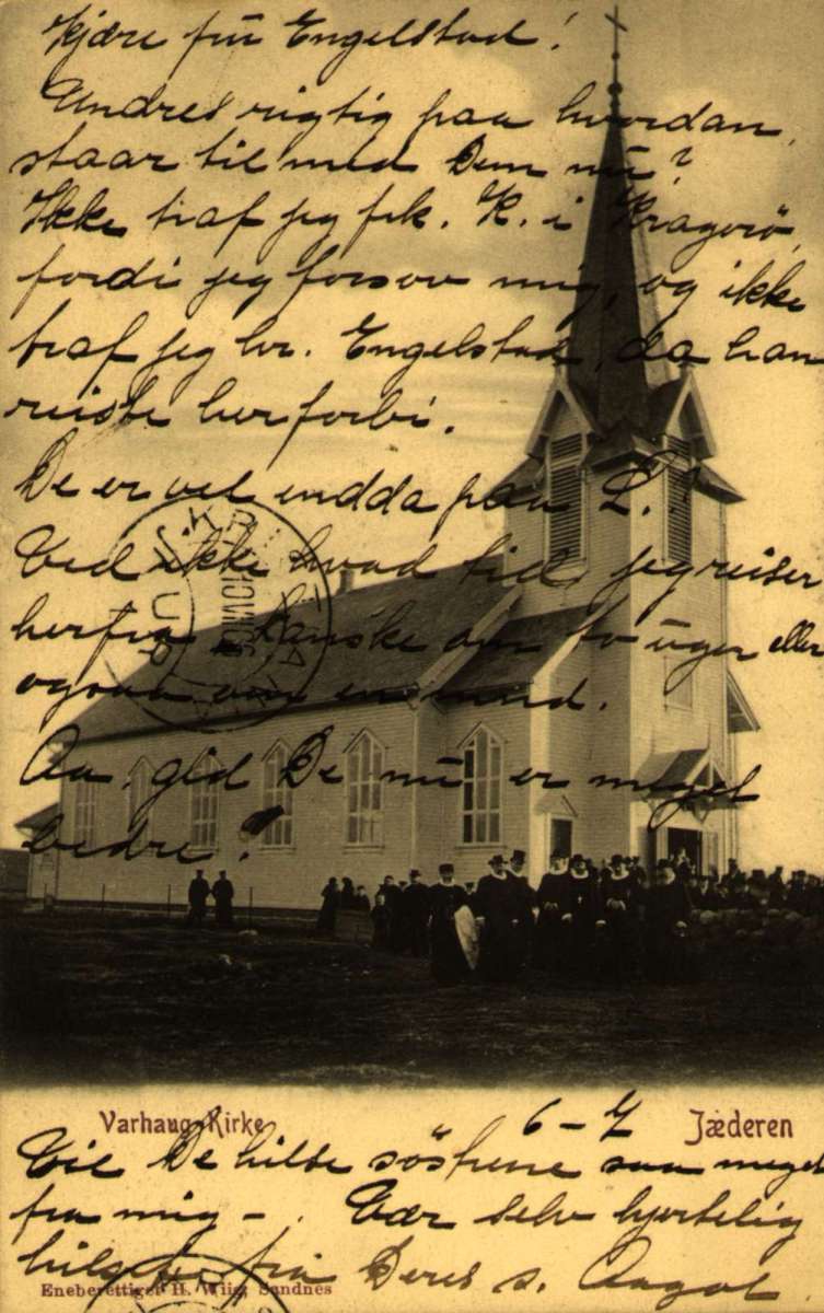 Postkort. Varhaug kirke på Jæren. Stemplet 08.07.1906
